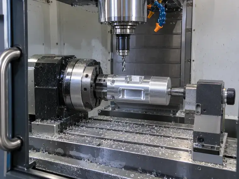 Close-up of a four-axis Haas DC-1 milling setup with an aluminum workpiece held between a rotary fixture and tailstock