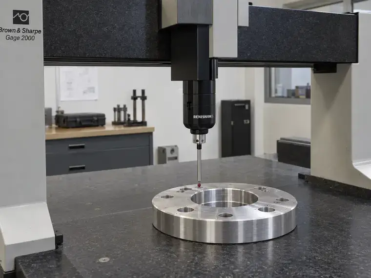 Close-up of a Brown & Sharpe Gage 2000 CMM inspecting a machined flange on a granite table