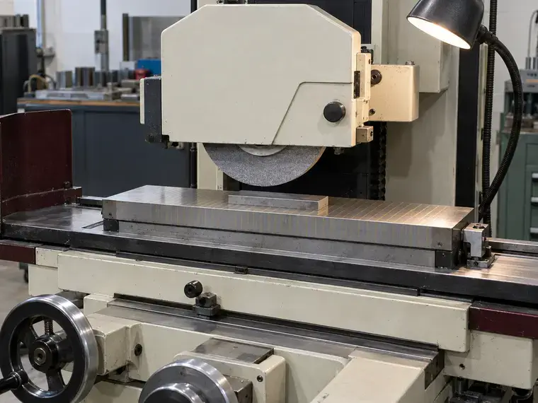 Close-up of a Chevalier FSG-618M surface grinder wheel above a flat workpiece on a magnetic chuck