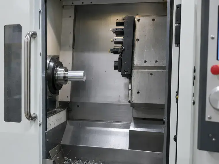 Close-up inside a Haas Pocket Lathe showing the spindle, workpiece and tool turret