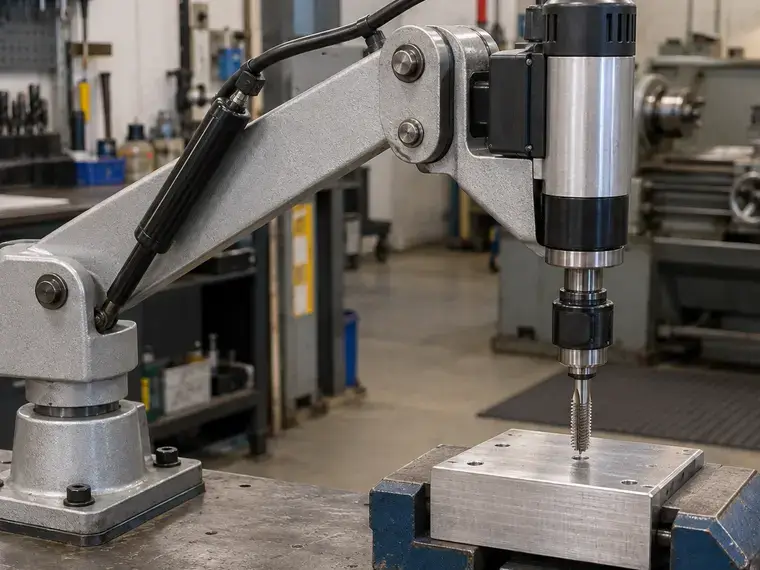 Close-up of a Roscamat Mosquito tapping arm aligned vertically over a metal workpiece held in a vise
