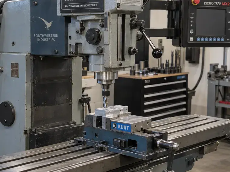 Close-up of a TRAK TRM CNC bed mill with an end mill positioned over a workpiece held in a vise